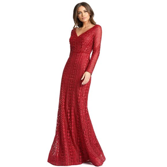Mac Duggal 20271 Beaded Long Sleeve Red Burgundy Trumpet Gown 20 NEW - Picture 1 of 9
